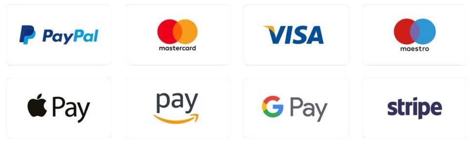  PayPal, Visa, Mastercard, Apple Pay, Google Pay, Stripe. payment image
